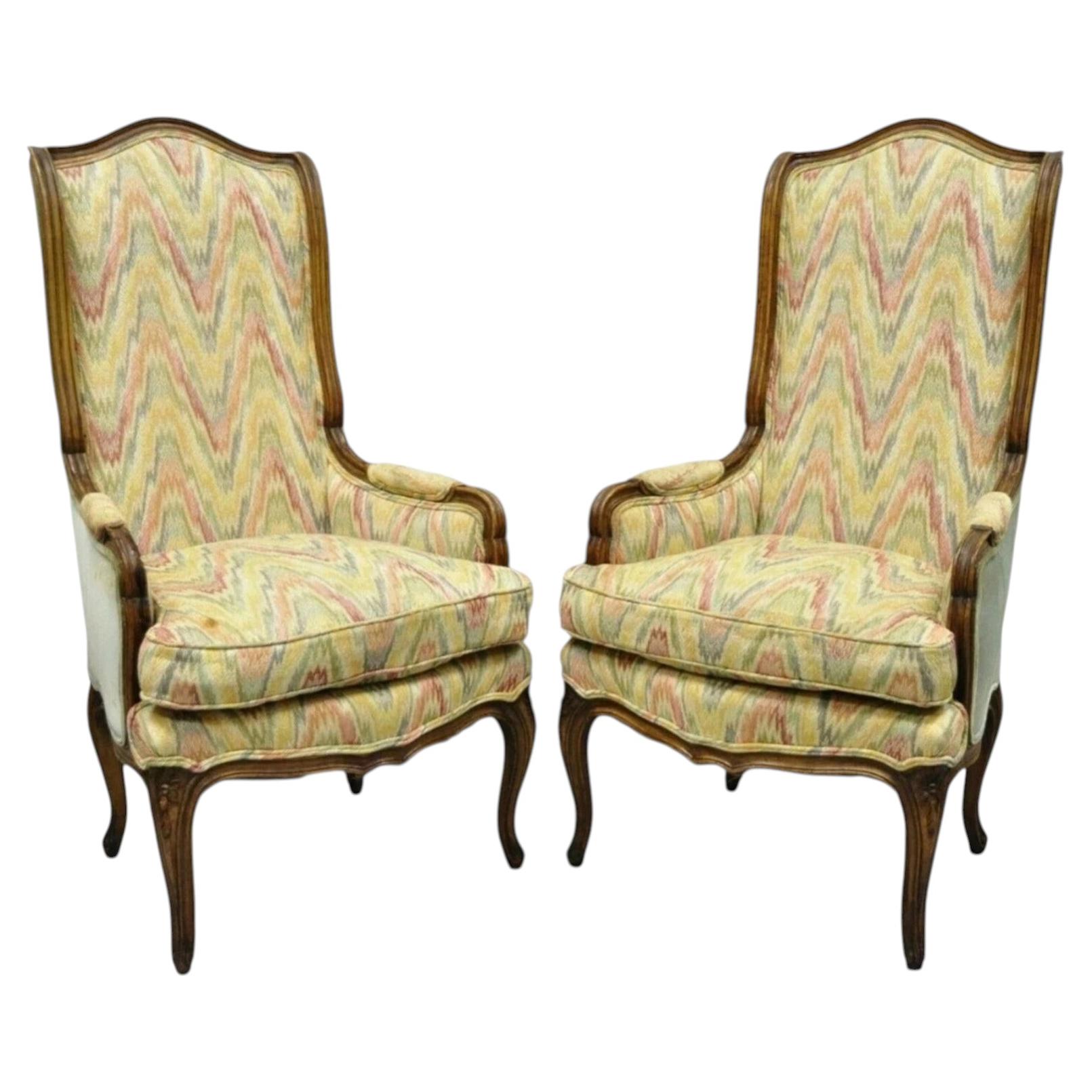 Vintage French Country Provincial High Back Walnut Arm Chairs (A) - a Pair For Sale