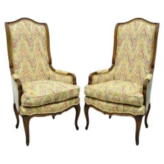 Vintage French Country Provincial High Back Walnut Arm Chairs (A) - a Pair