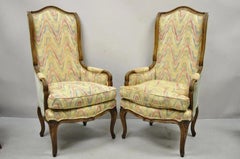 Vintage French Country Provincial High Back Walnut Arm Chairs (B) - a Pair