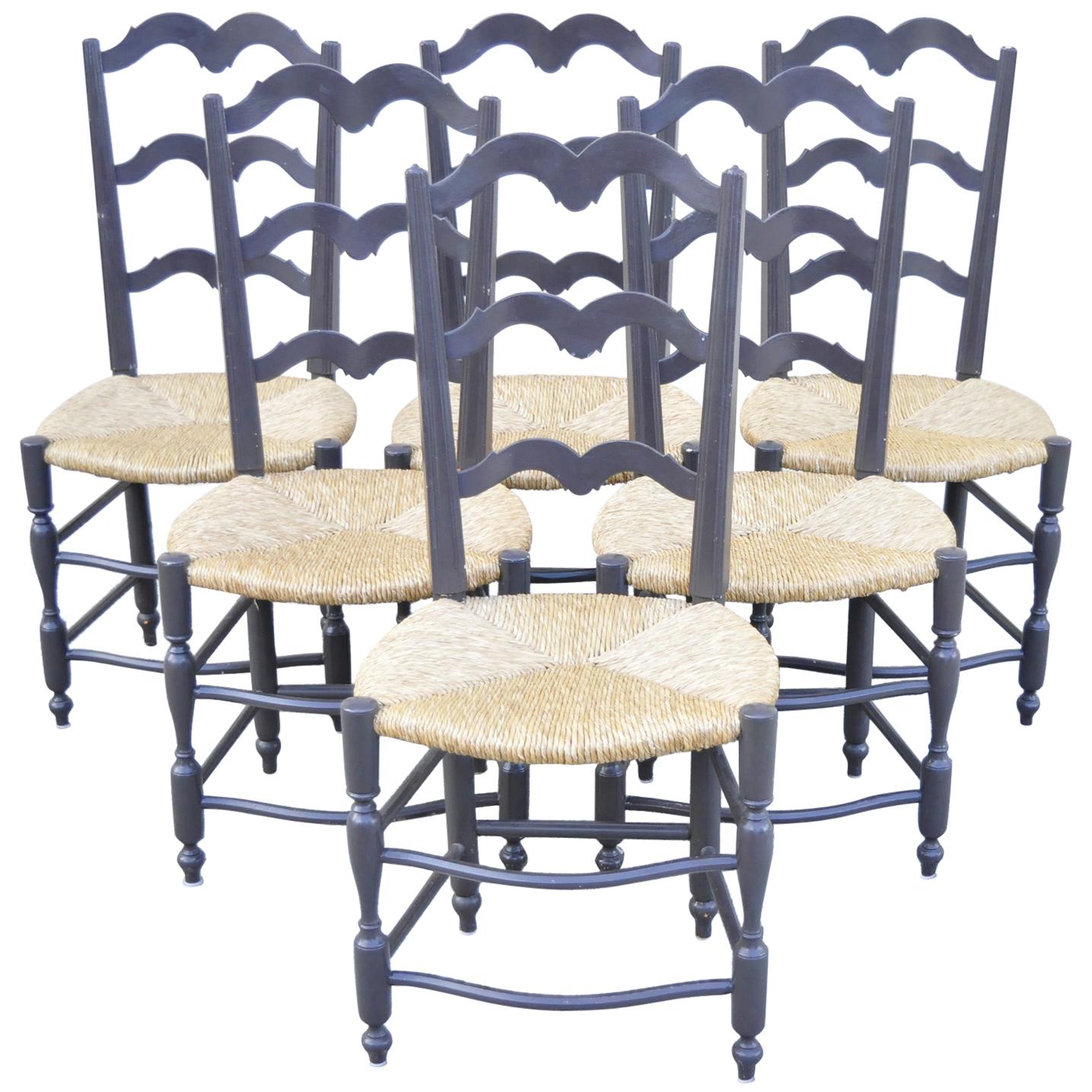 Vintage French Country Provincial Ladder Back Rush Seat Dining Chairs, Set of 6