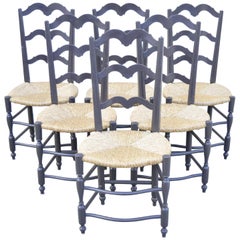 Vintage French Country Provincial Ladder Back Rush Seat Dining Chairs:: Set of 6