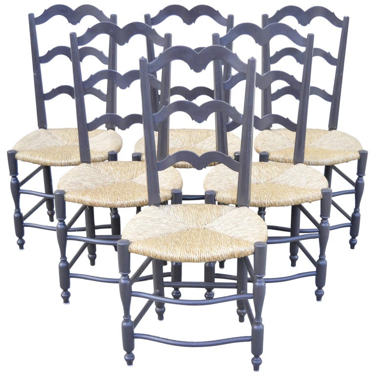 Vintage French Country Provincial Ladder Back Rush Seat Dining Chairs Set Of 6 For Sale At 1stdibs