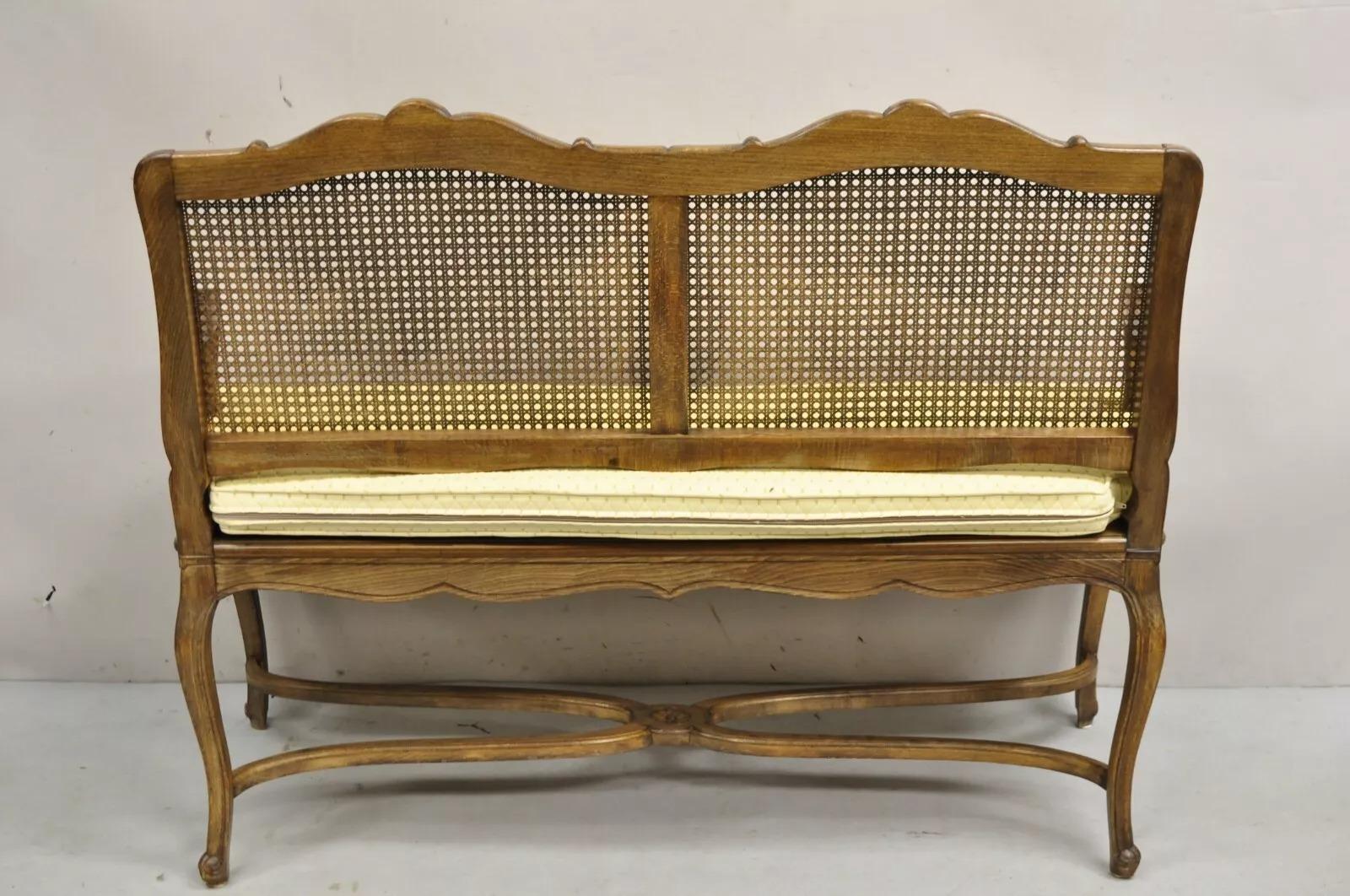 Vintage French Country Provincial Louis XV Style Carved Wood Cane Bench Settee For Sale 4