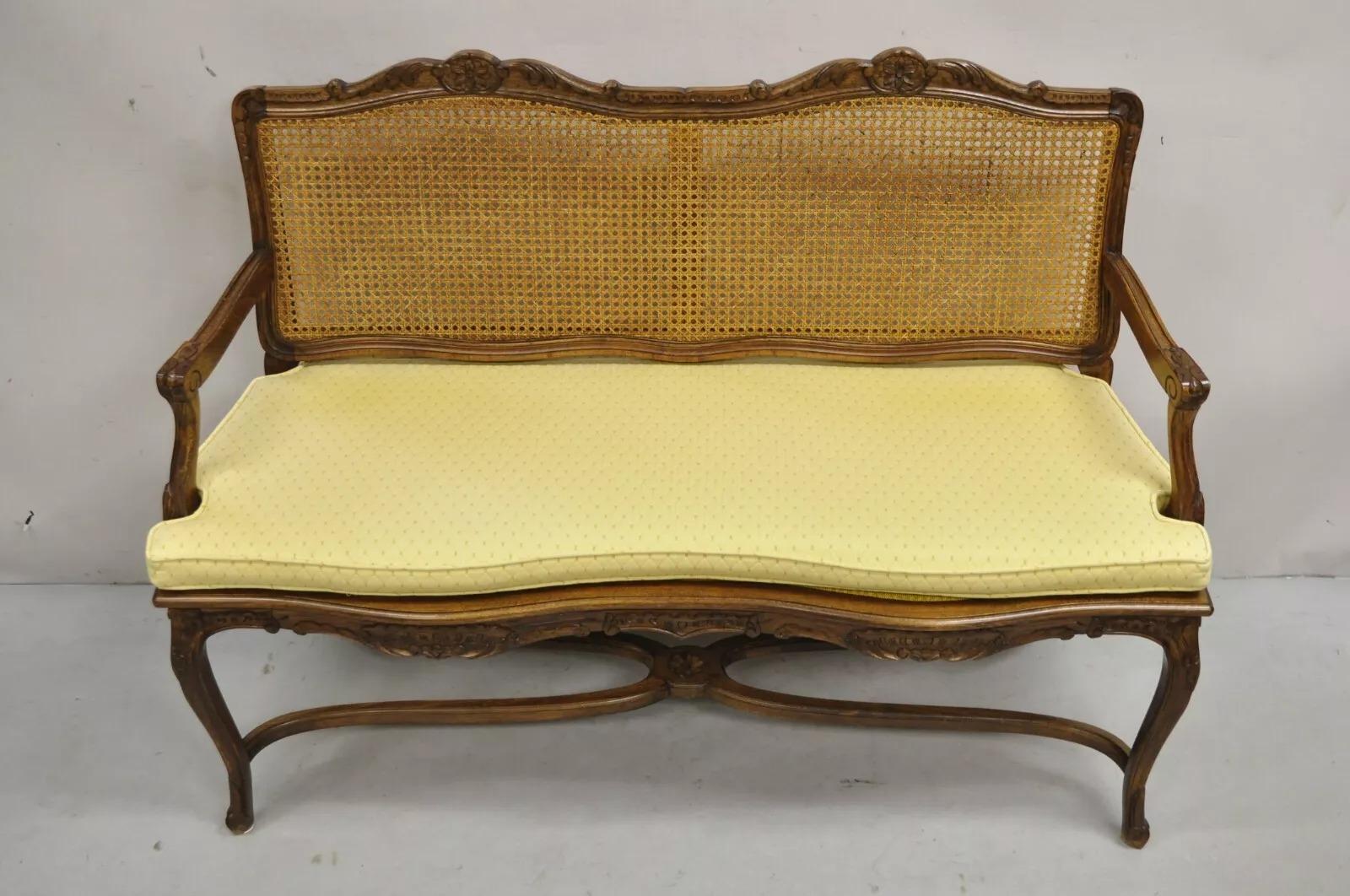 Vintage French Country Provincial Louis XV Style Carved Wood Cane Bench Settee For Sale 6