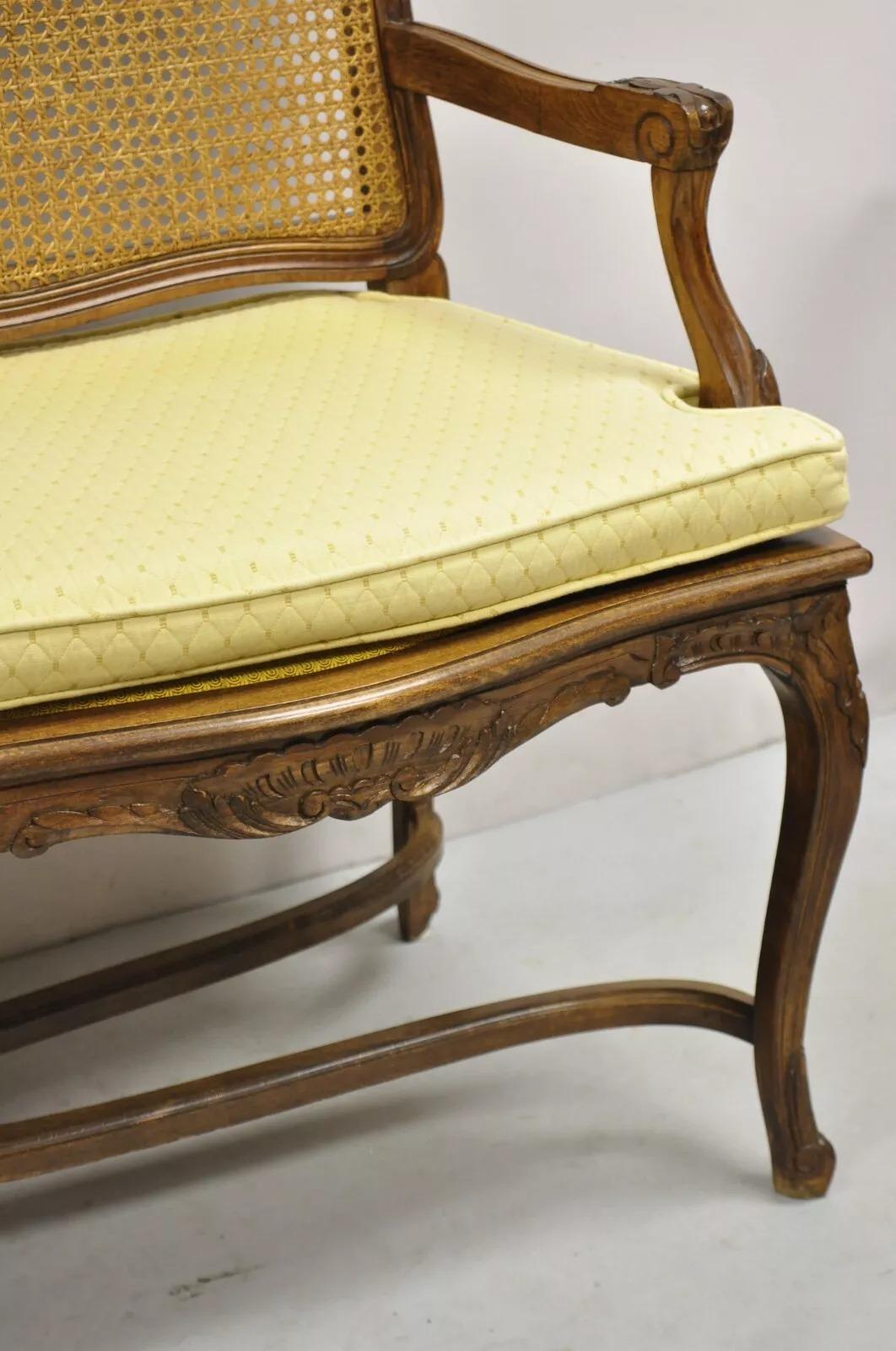 Unknown Vintage French Country Provincial Louis XV Style Carved Wood Cane Bench Settee For Sale