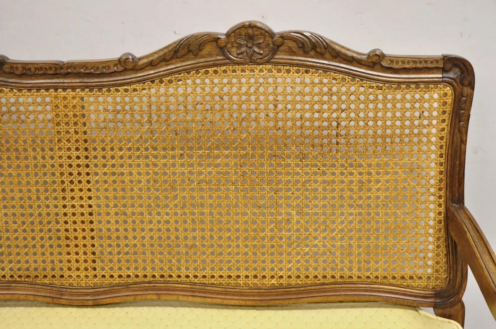 20th Century Vintage French Country Provincial Louis XV Style Carved Wood Cane Bench Settee For Sale
