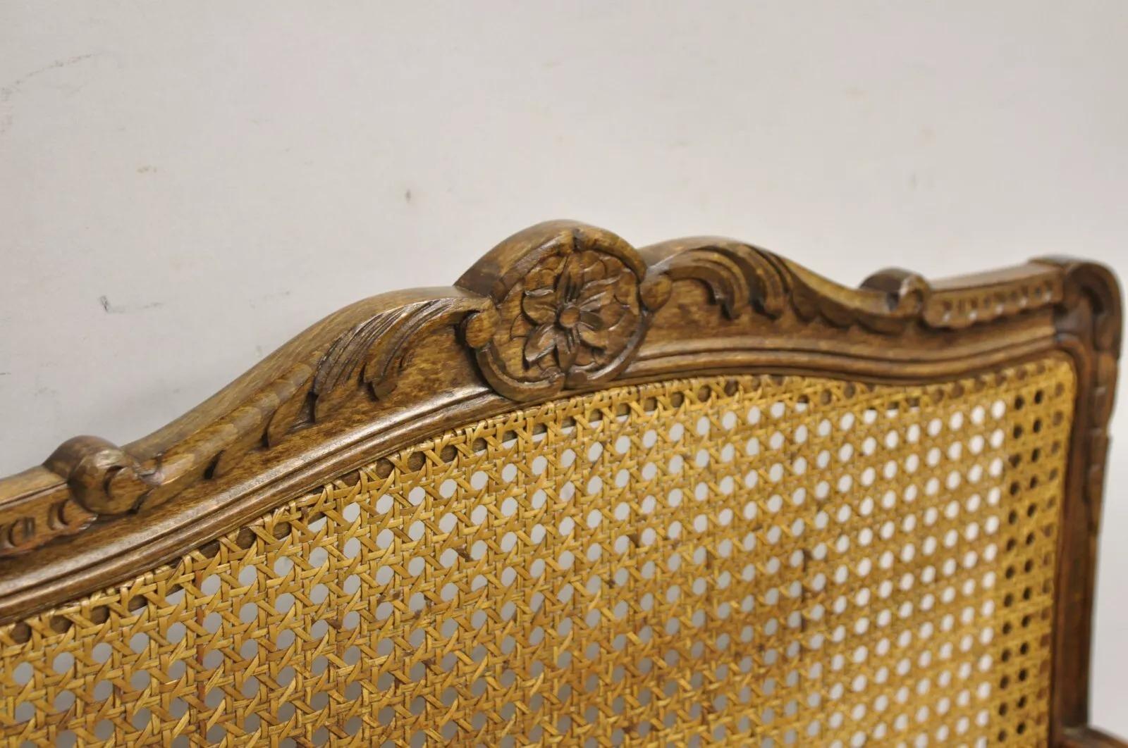 Vintage French Country Provincial Louis XV Style Carved Wood Cane Bench Settee For Sale 1