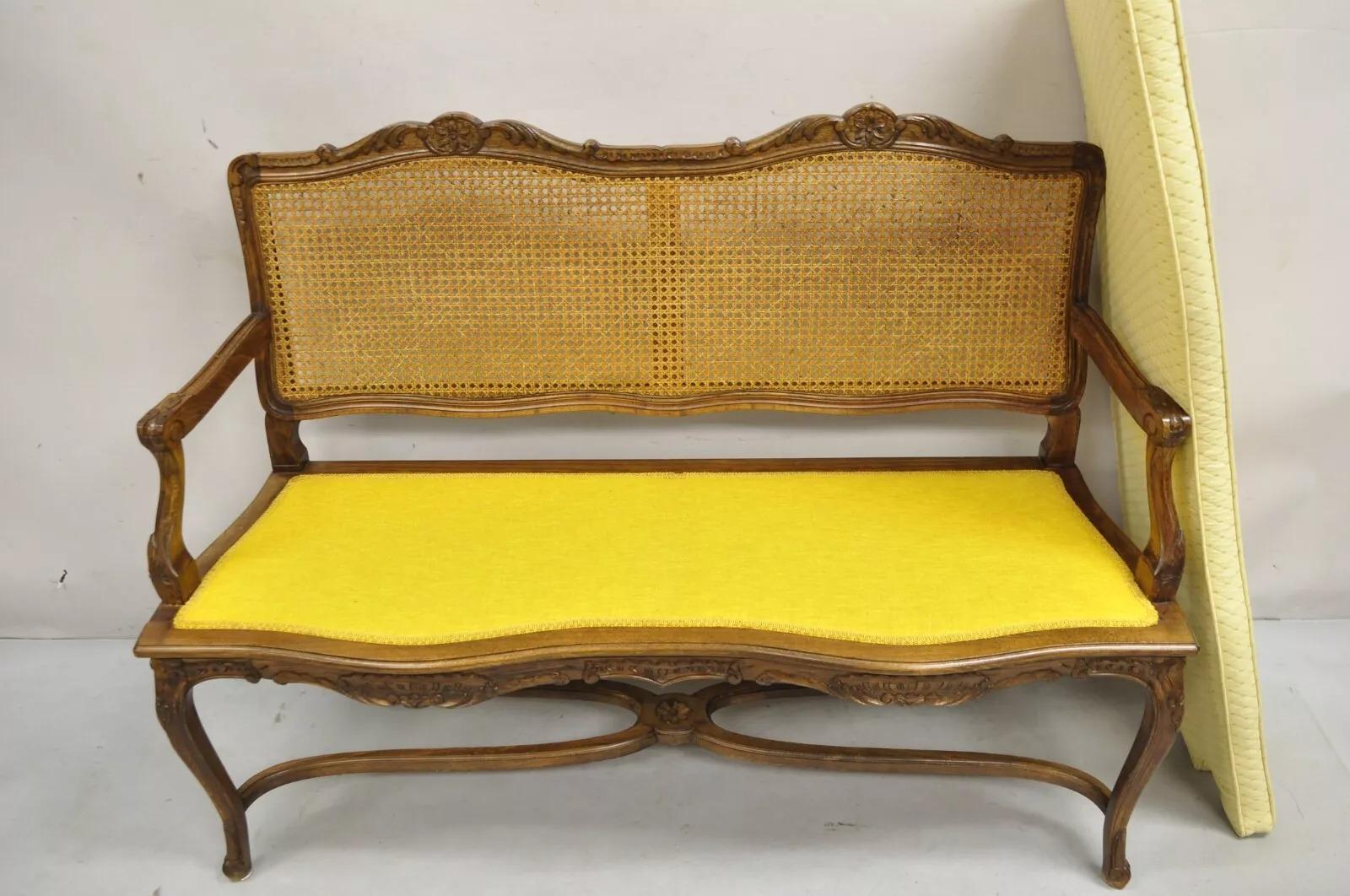Vintage French Country Provincial Louis XV Style Carved Wood Cane Bench Settee For Sale 3