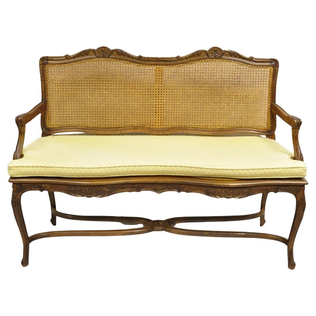 Vintage French Country Provincial Louis XV Style Carved Wood Cane Bench Settee For Sale