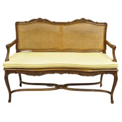 Vintage País Francés Provincial Estilo Louis XV Madera Tallada Cane Banco Settee