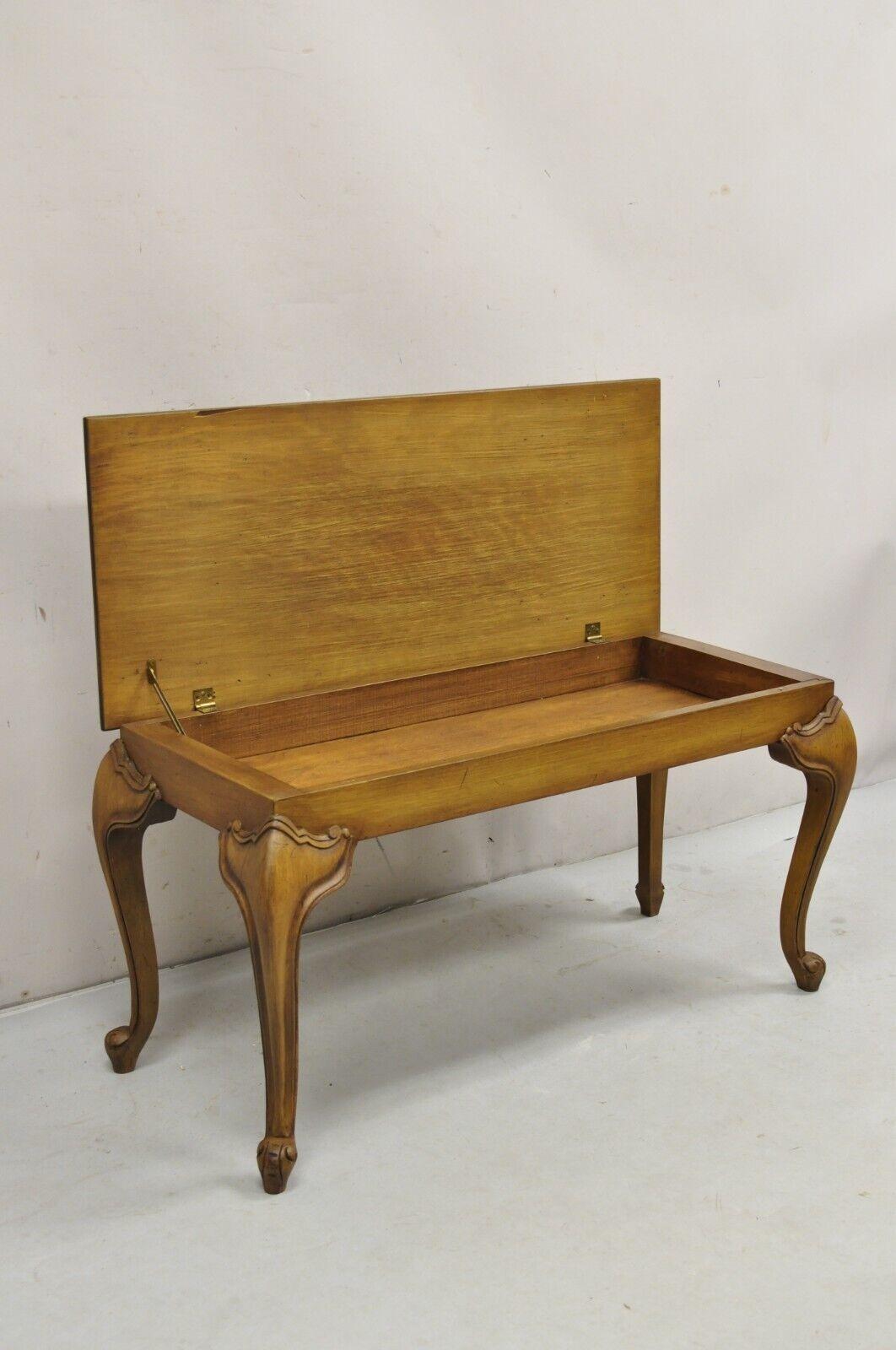 Vintage French Country Provincial Mahogany Wood Lift Top Storage Piano Bench For Sale 5