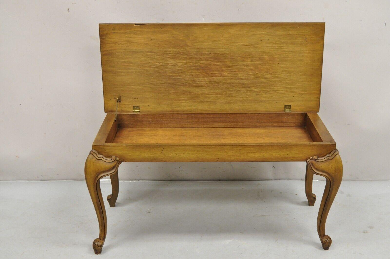 French Provincial Vintage French Country Provincial Mahogany Wood Lift Top Storage Piano Bench For Sale
