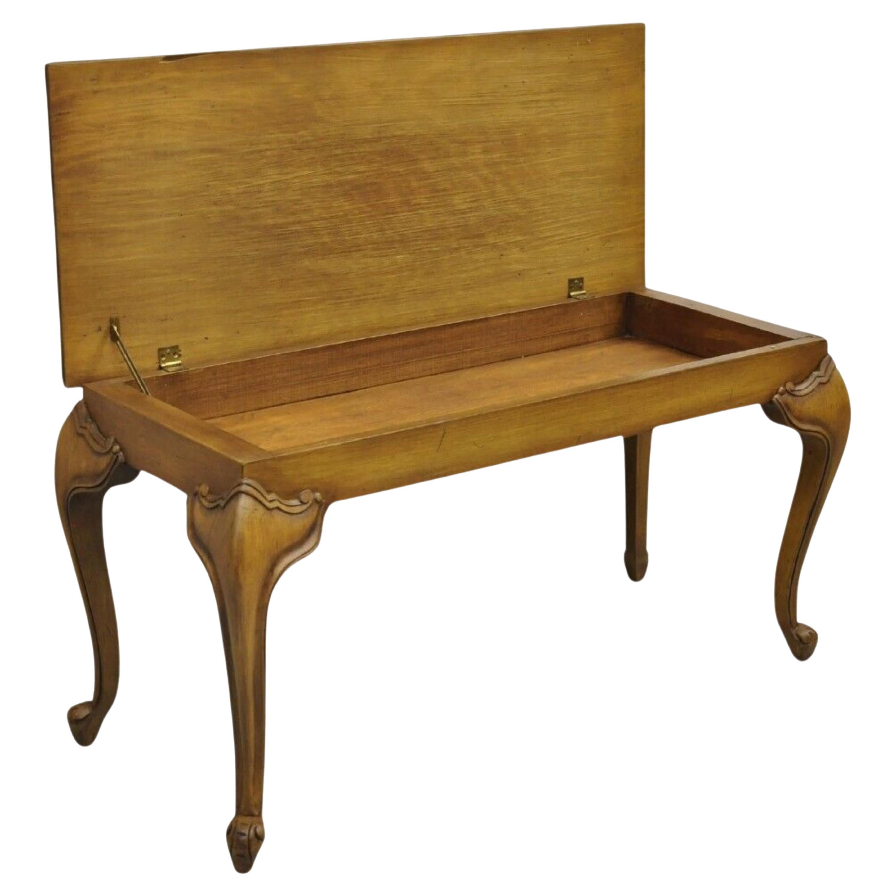 Vintage French Country Provincial Mahogany Wood Lift Top Storage Piano Bench For Sale
