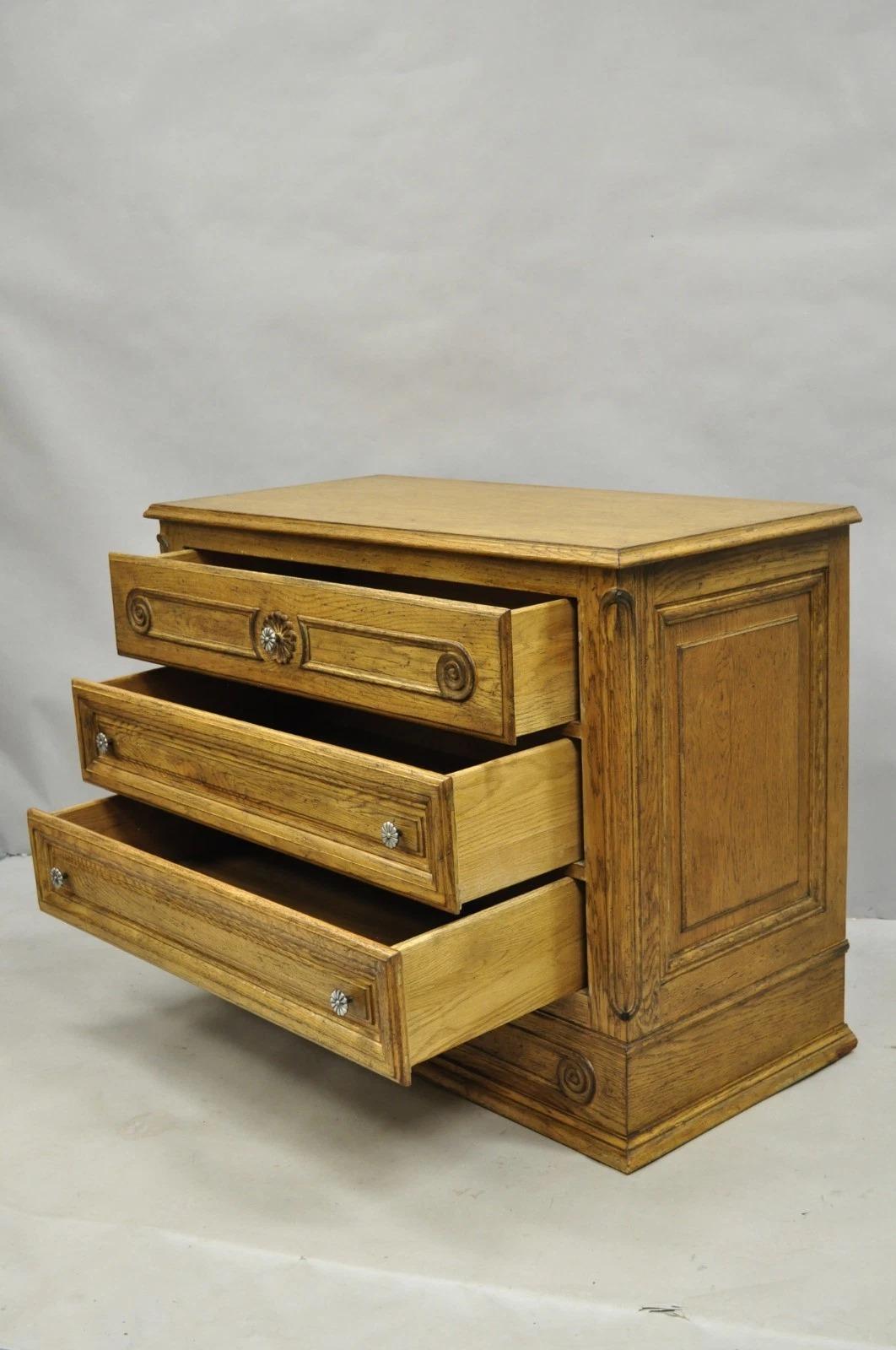 Vintage French Country Provincial Oak Wood 3 Drawer Bachelor Chest Commode Pair For Sale 4