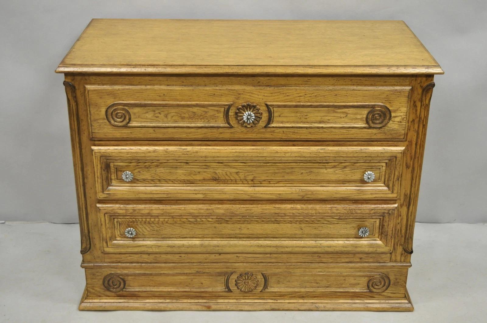 Vintage French Country Provincial Oak Wood 3 Drawer Bachelor Chest Commode Pair For Sale 5
