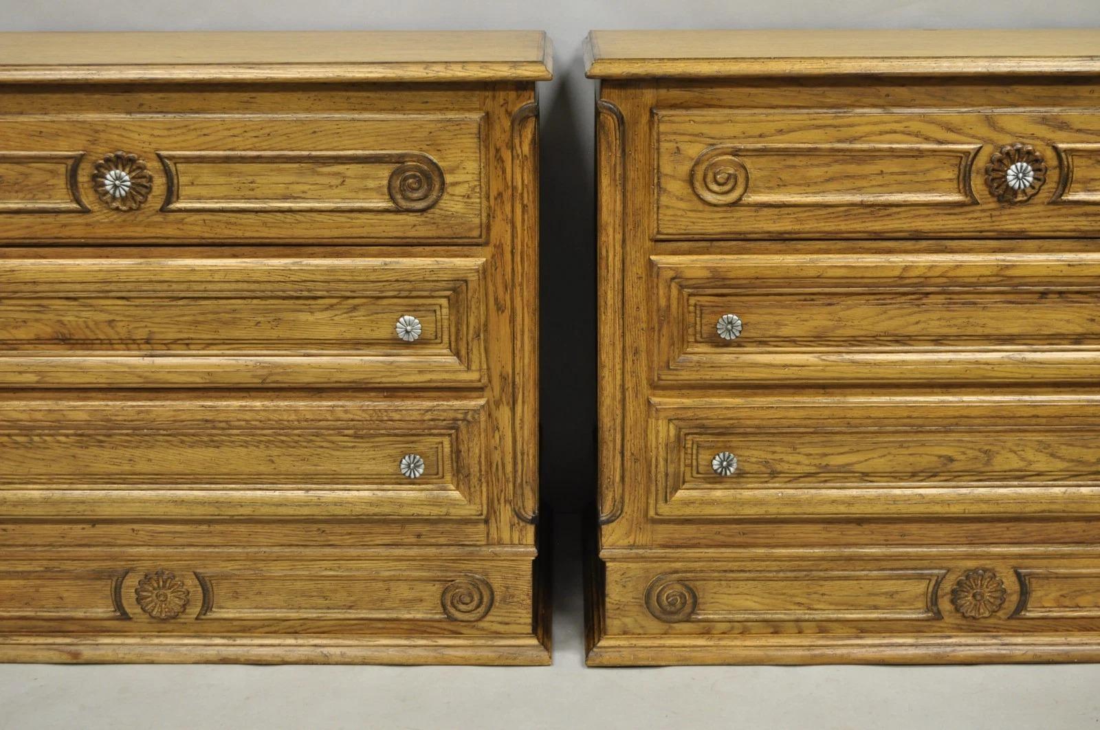 Vintage French Country Provincial Oak Wood 3 Drawer Bachelor Chest Commode Pair For Sale 6