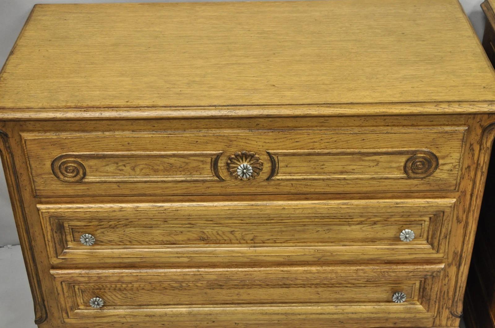Vintage French Country Provincial Oak Wood 3 Drawer Bachelor Chest Commode Pair For Sale 7