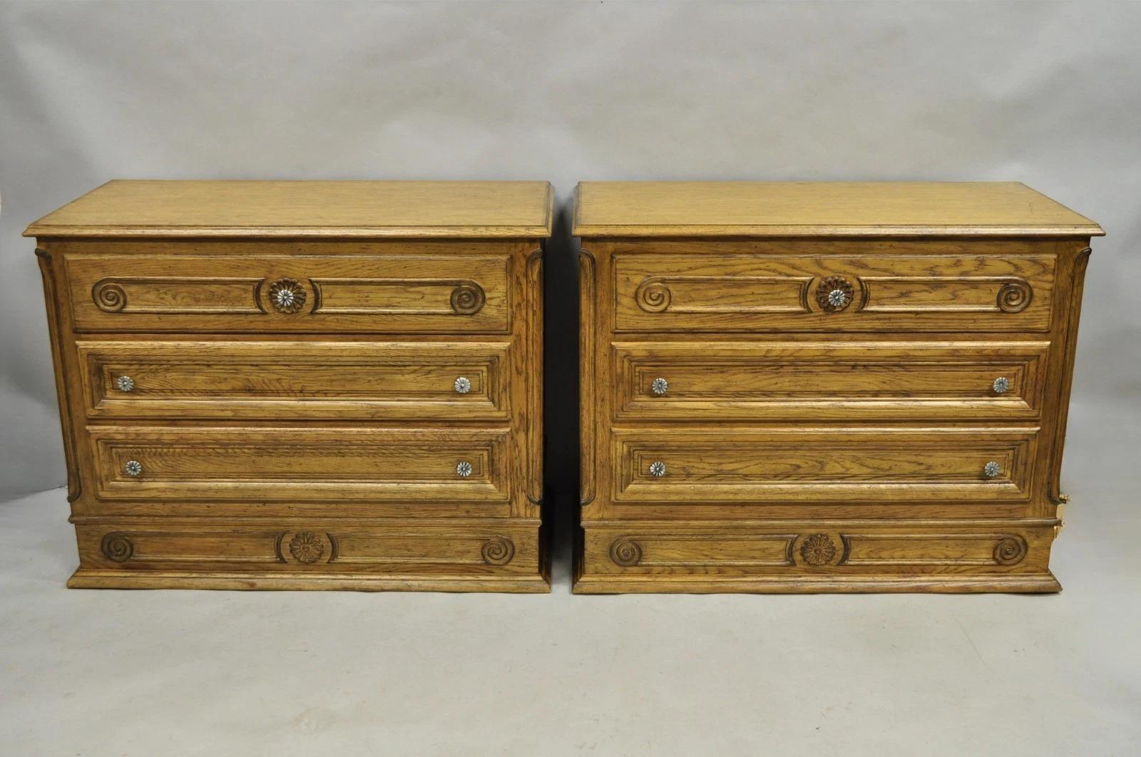 Please message us with your zip code to request a more reasonable domestic U.S. shipping quote.

Vintage French Country Provincial Oak Wood 3 Drawer Bachelor Chest Commode Pair with Nicely Carved Details and Distressed Finish. Circa Mid 20th