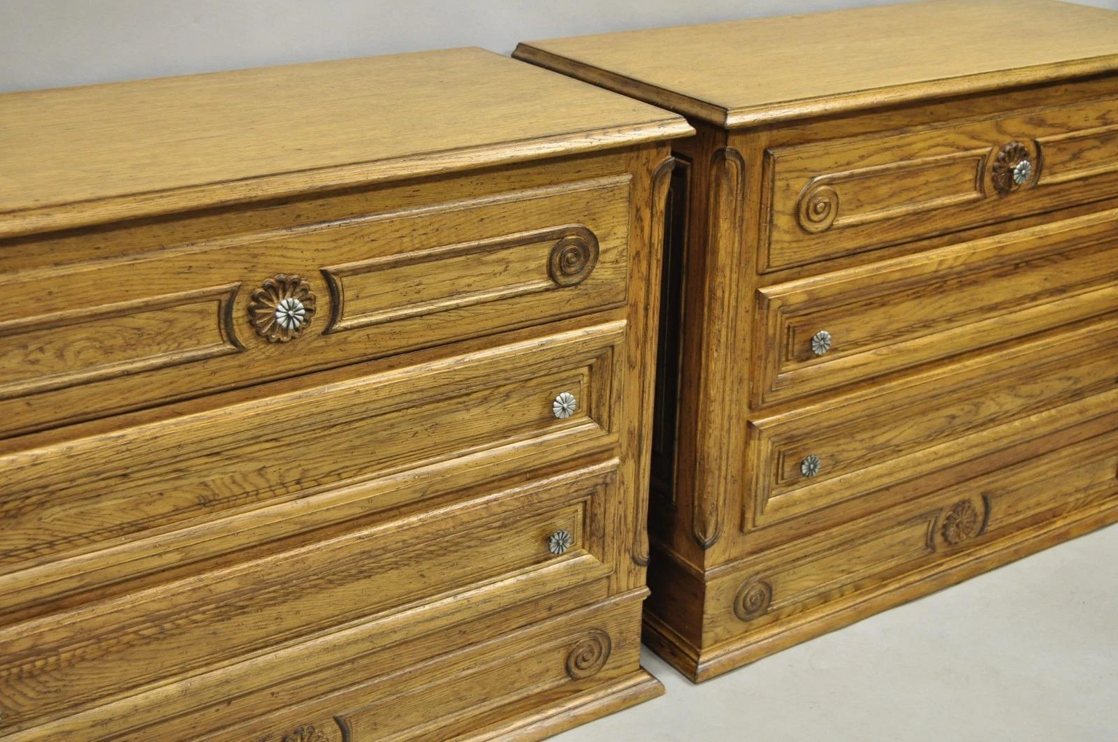 Other Vintage French Country Provincial Oak Wood 3 Drawer Bachelor Chest Commode Pair For Sale