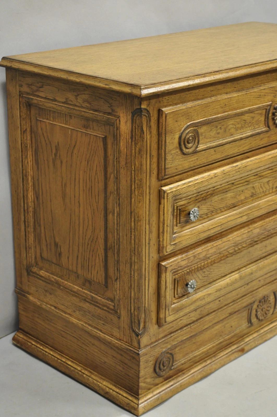 Vintage French Country Provincial Oak Wood 3 Drawer Bachelor Chest Commode Pair In Good Condition For Sale In Philadelphia, PA