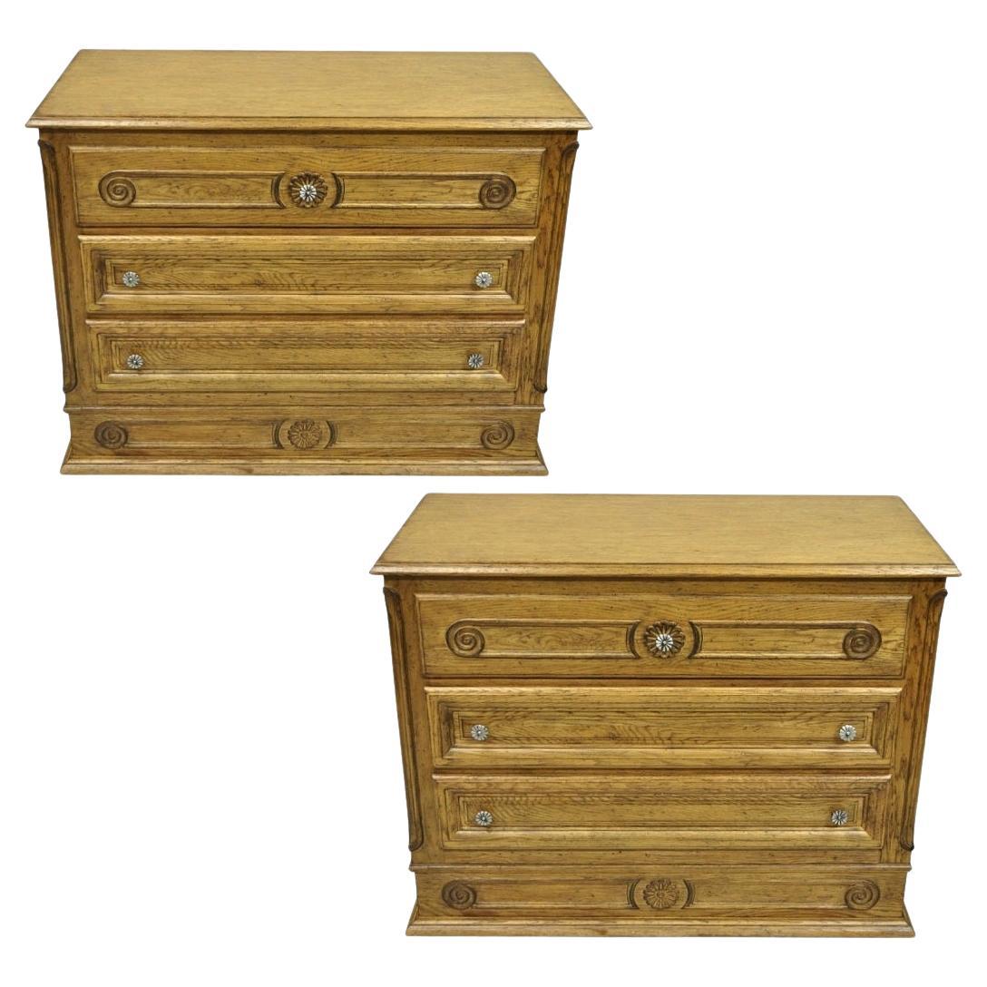 Vintage French Country Provincial Oak Wood 3 Drawer Bachelor Chest Commode Pair For Sale