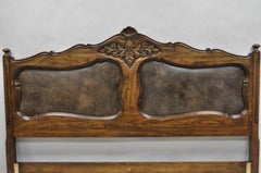 Vintage French Country Provincial Oak Wood Upholstered Panel King Bed Headboard
