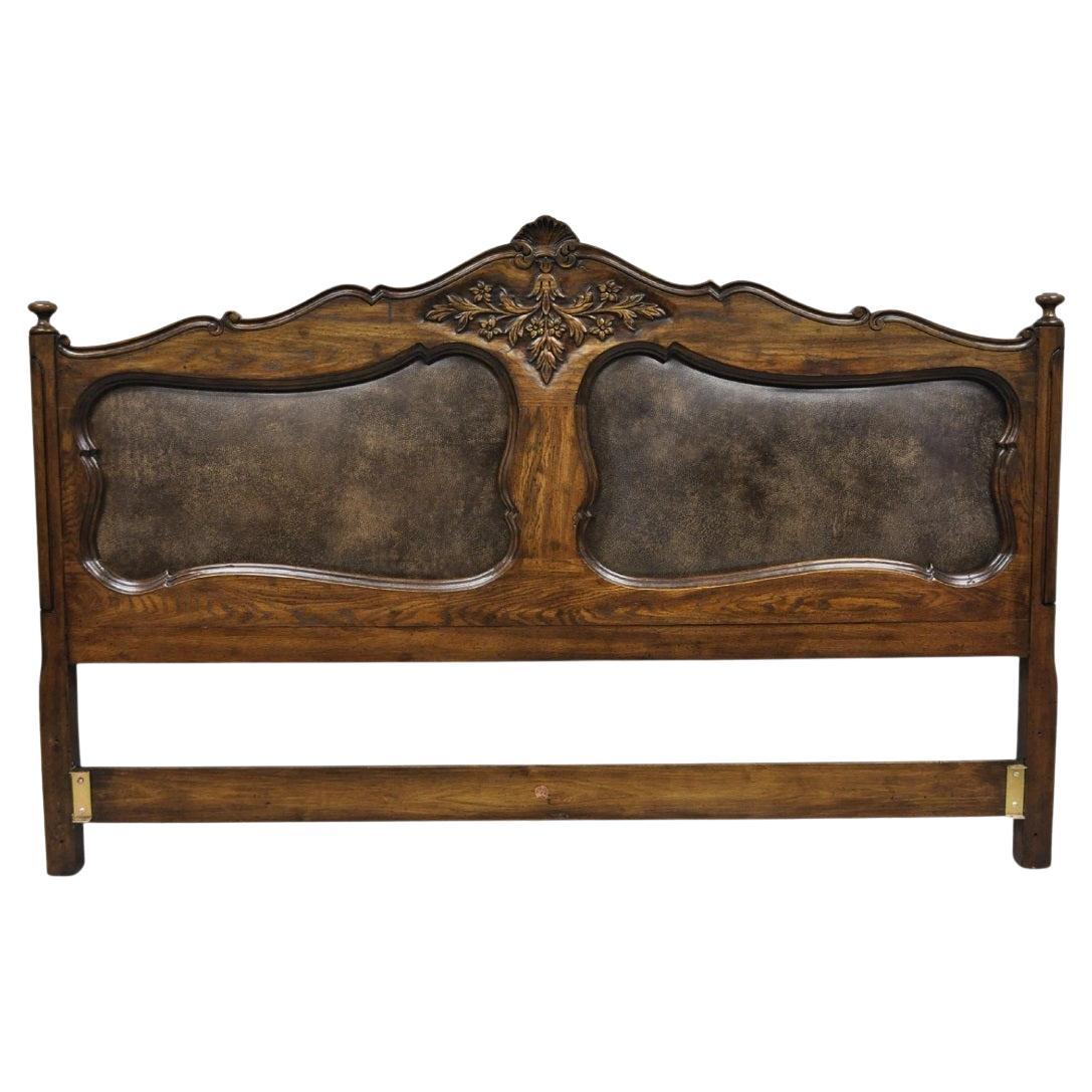 Vintage French Country Provincial Oak Wood Upholstered Panel King Bed Headboard