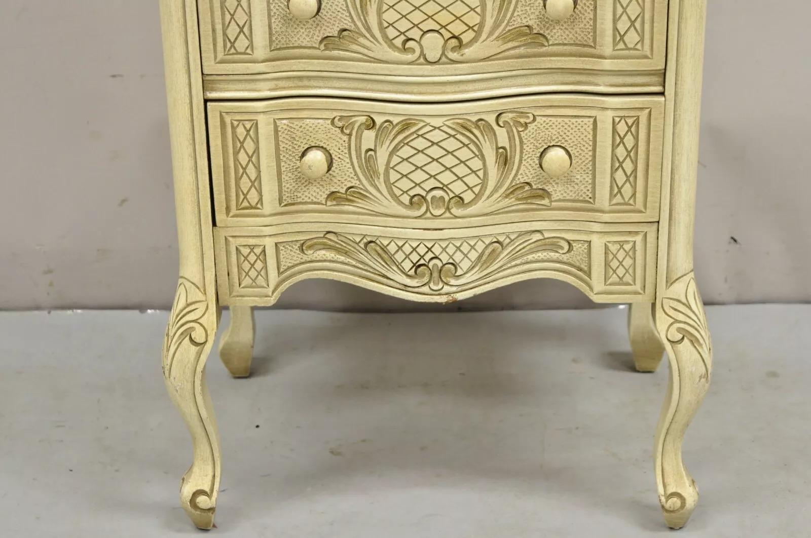 Vintage French Country Provincial Style Cream Painted 5 Drawer Chest Nightstand For Sale 4