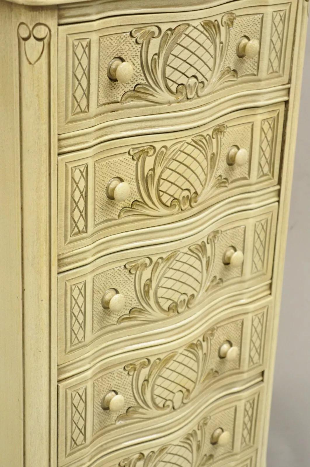 Vintage French Country Provincial Style Cream Painted 5 Drawer Chest Nightstand For Sale 5