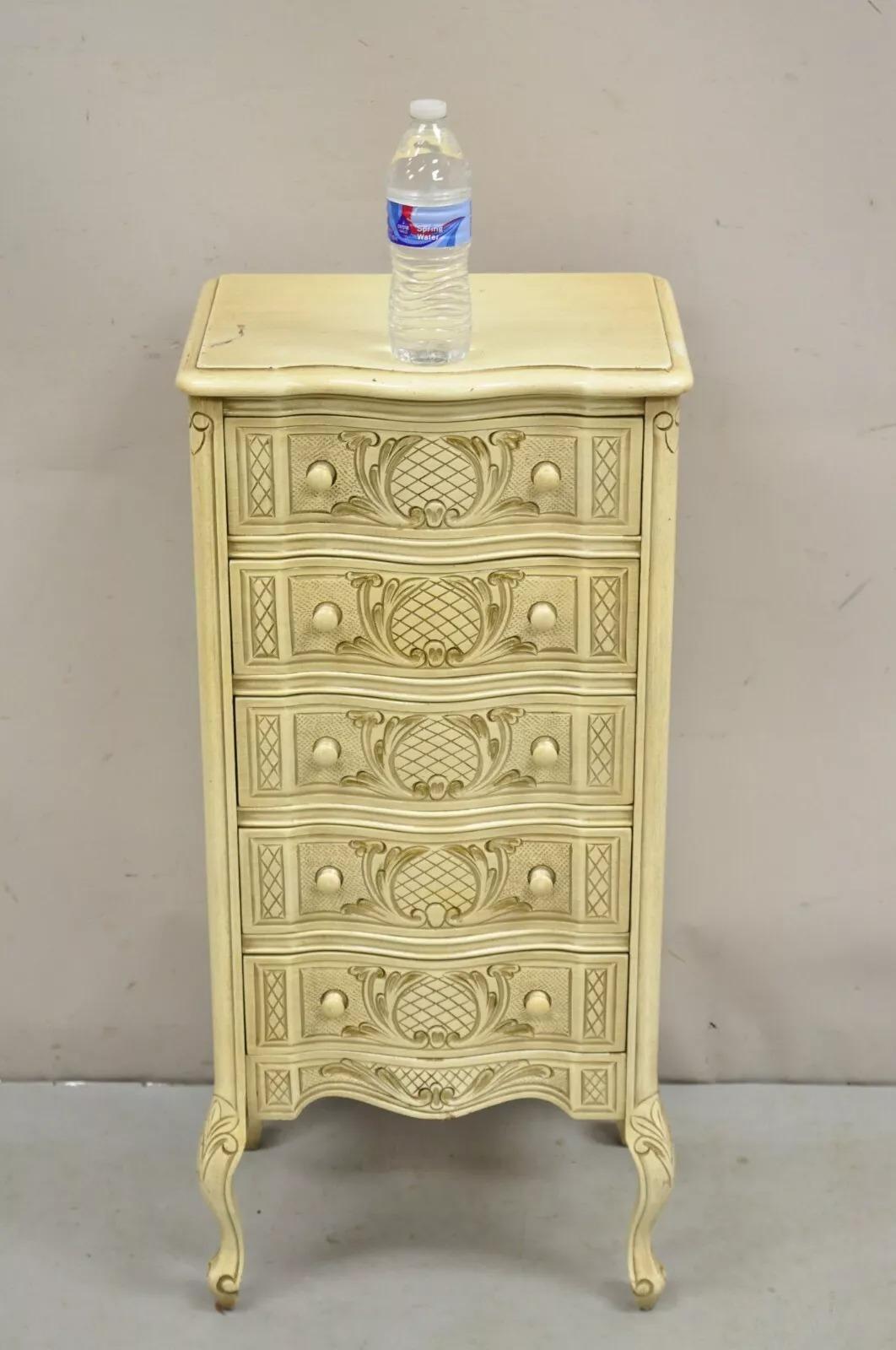 Vintage French Country Provincial Style Cream Painted 5 Drawer Chest Nightstand. Item features nicely carved details, cream painted finish, serpentine front, very nice vintage item. Circa: Mid 20th Century. Measurements: 35
