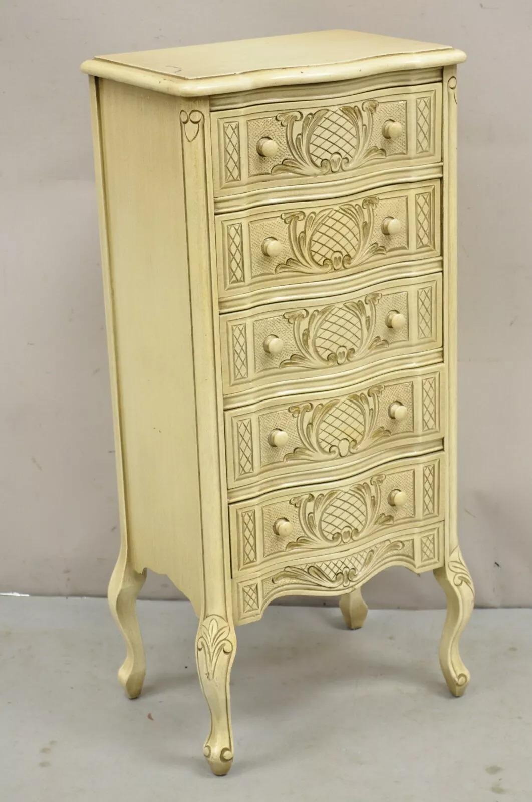 French Provincial Vintage French Country Provincial Style Cream Painted 5 Drawer Chest Nightstand For Sale