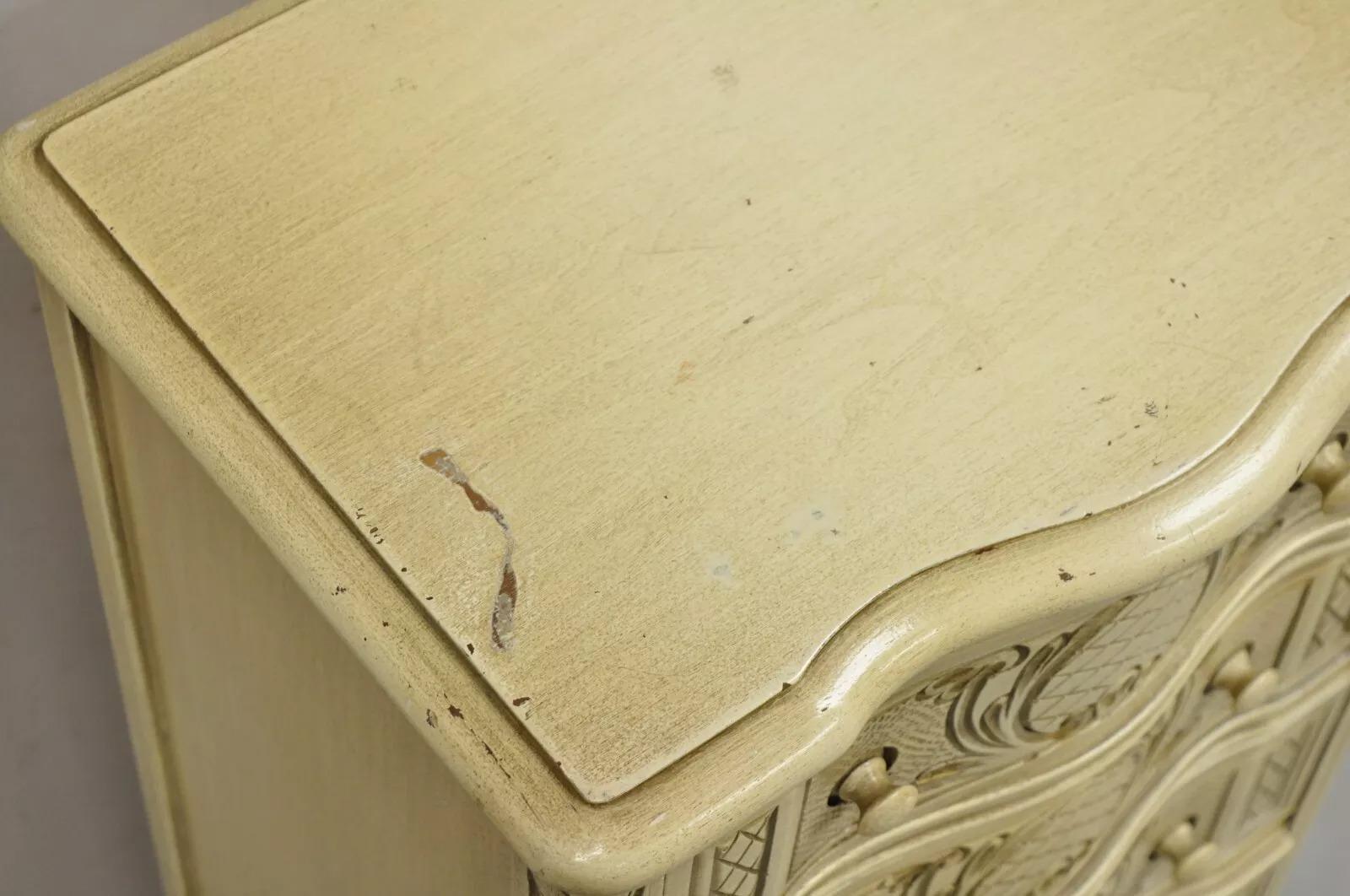 20th Century Vintage French Country Provincial Style Cream Painted 5 Drawer Chest Nightstand For Sale