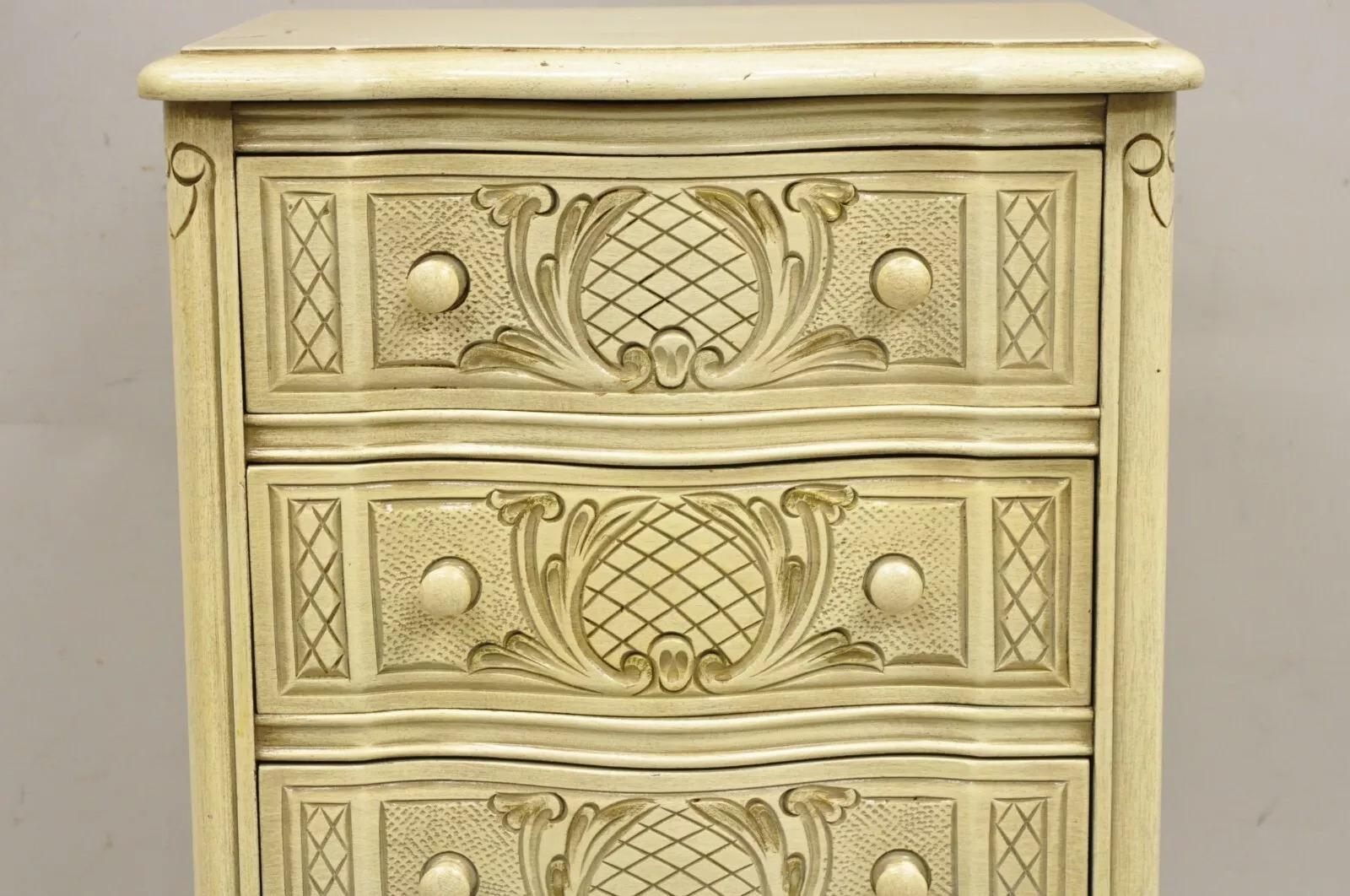 Wood Vintage French Country Provincial Style Cream Painted 5 Drawer Chest Nightstand For Sale