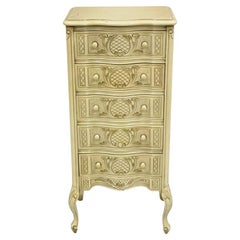 Vintage French Country Provincial Style Cream Painted 5 Drawer Chest Nightstand
