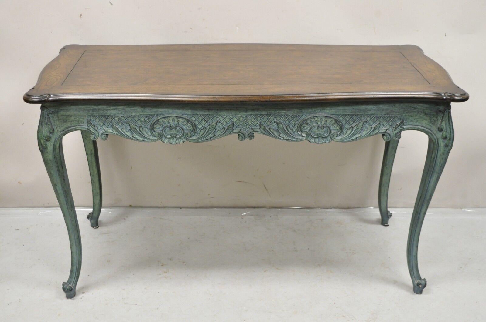 Vintage French Country Provincial Style Shell Carved Blue Painted 2 Drawer Desk 4