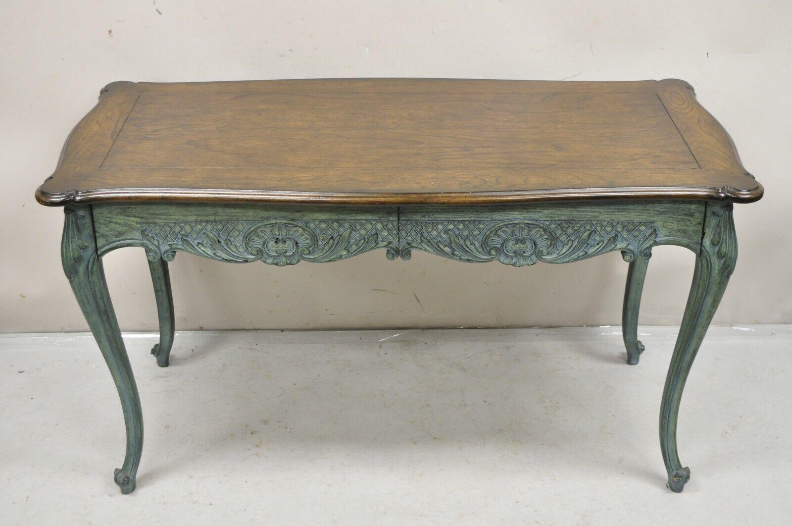 Vintage French Country Provincial Style Shell Carved Blue Painted 2 Drawer Desk For Sale 5