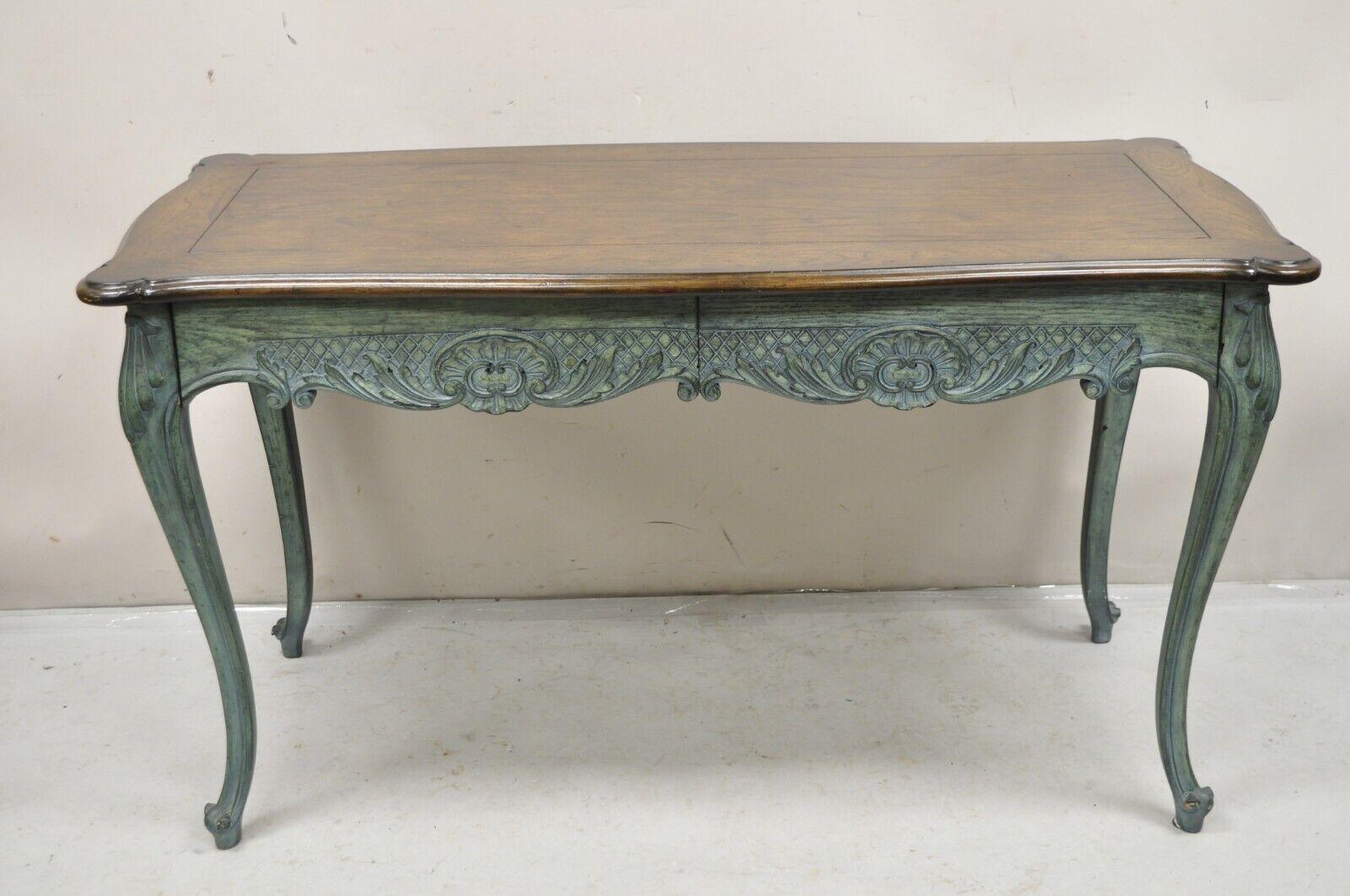Vintage French Country Provincial Style Shell Carved Blue Painted 2 Drawer Desk. Item features  2 drawers, blue distressed painted finish, solid wood construction, carved and finish back, quality American craftsmanship. Circa Mid 20th Century.