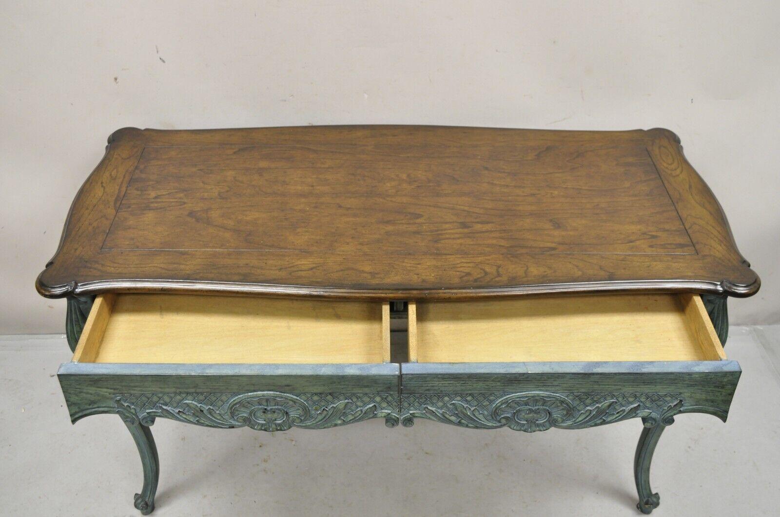 French Provincial Vintage French Country Provincial Style Shell Carved Blue Painted 2 Drawer Desk