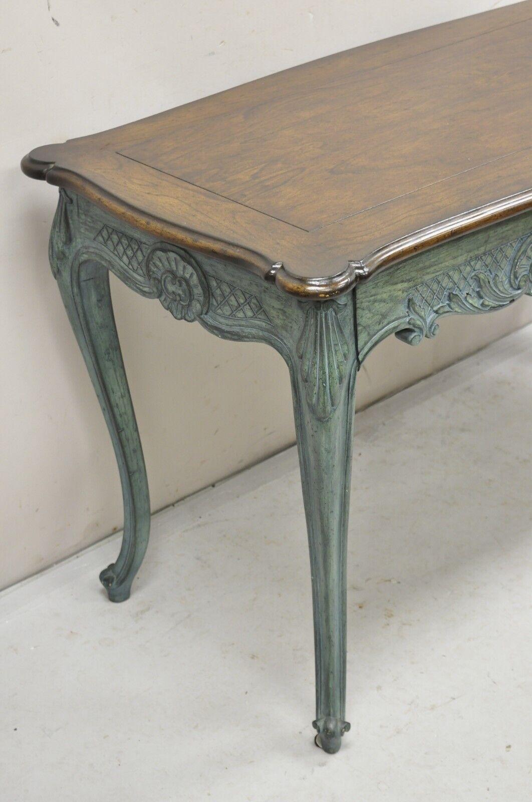 20th Century Vintage French Country Provincial Style Shell Carved Blue Painted 2 Drawer Desk For Sale