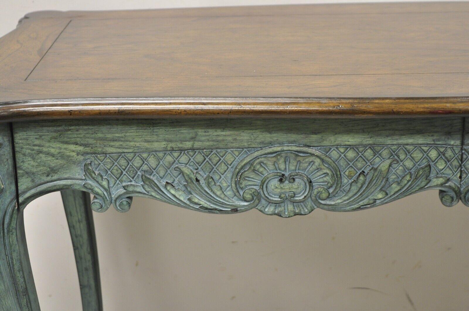 Oak Vintage French Country Provincial Style Shell Carved Blue Painted 2 Drawer Desk For Sale
