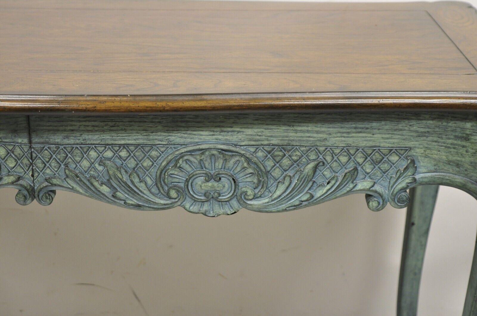 Vintage French Country Provincial Style Shell Carved Blue Painted 2 Drawer Desk 1