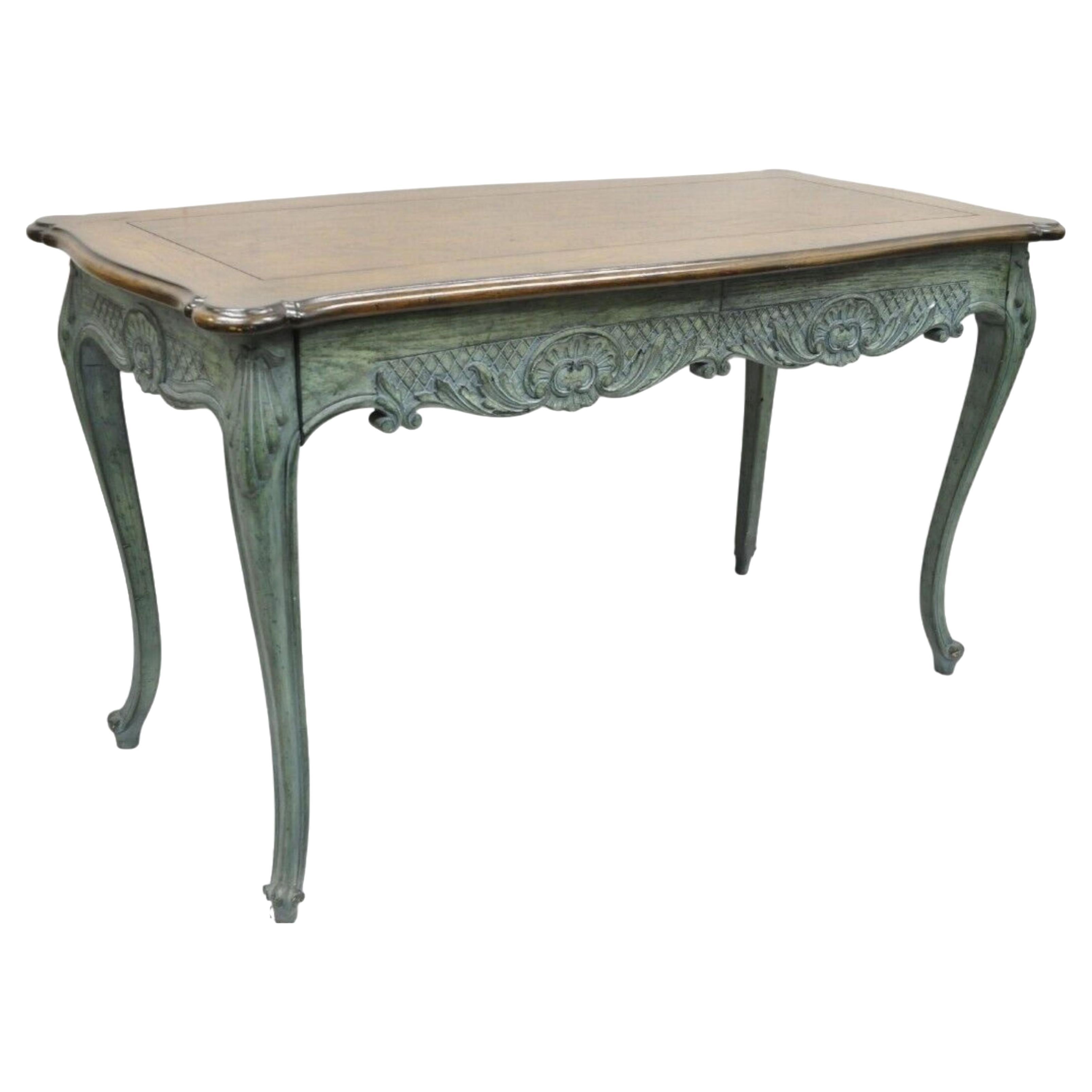 Vintage French Country Provincial Style Shell Carved Blue Painted 2 Drawer Desk For Sale