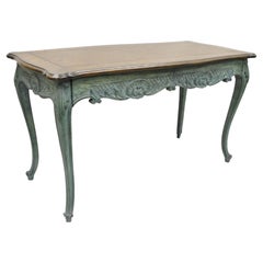 Used French Country Provincial Style Shell Carved Blue Painted 2 Drawer Desk