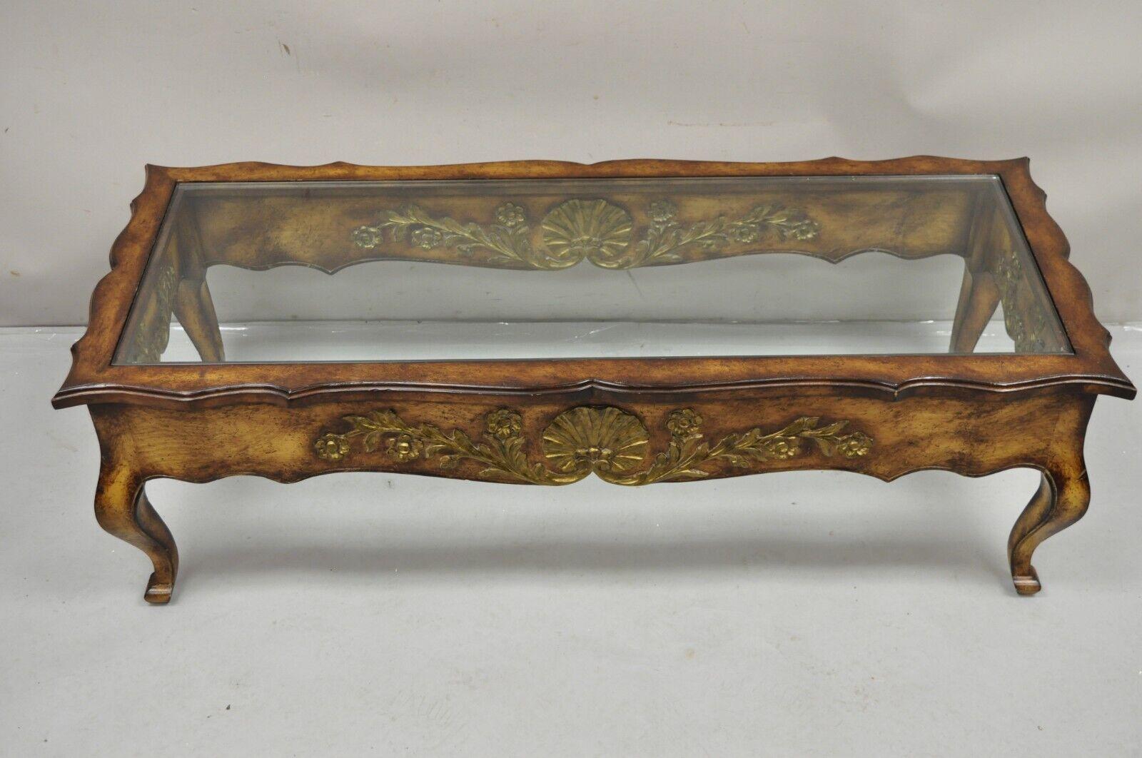 Vintage French Country Provincial Style Shell Carved Walnut Glass Coffee Table For Sale 5