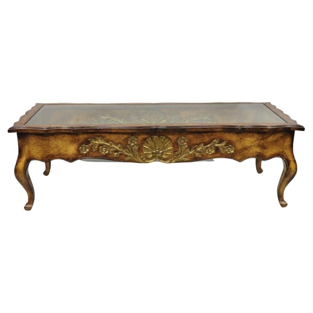 Vintage French Country Provincial Style Shell Carved Walnut Glass Coffee Table For Sale