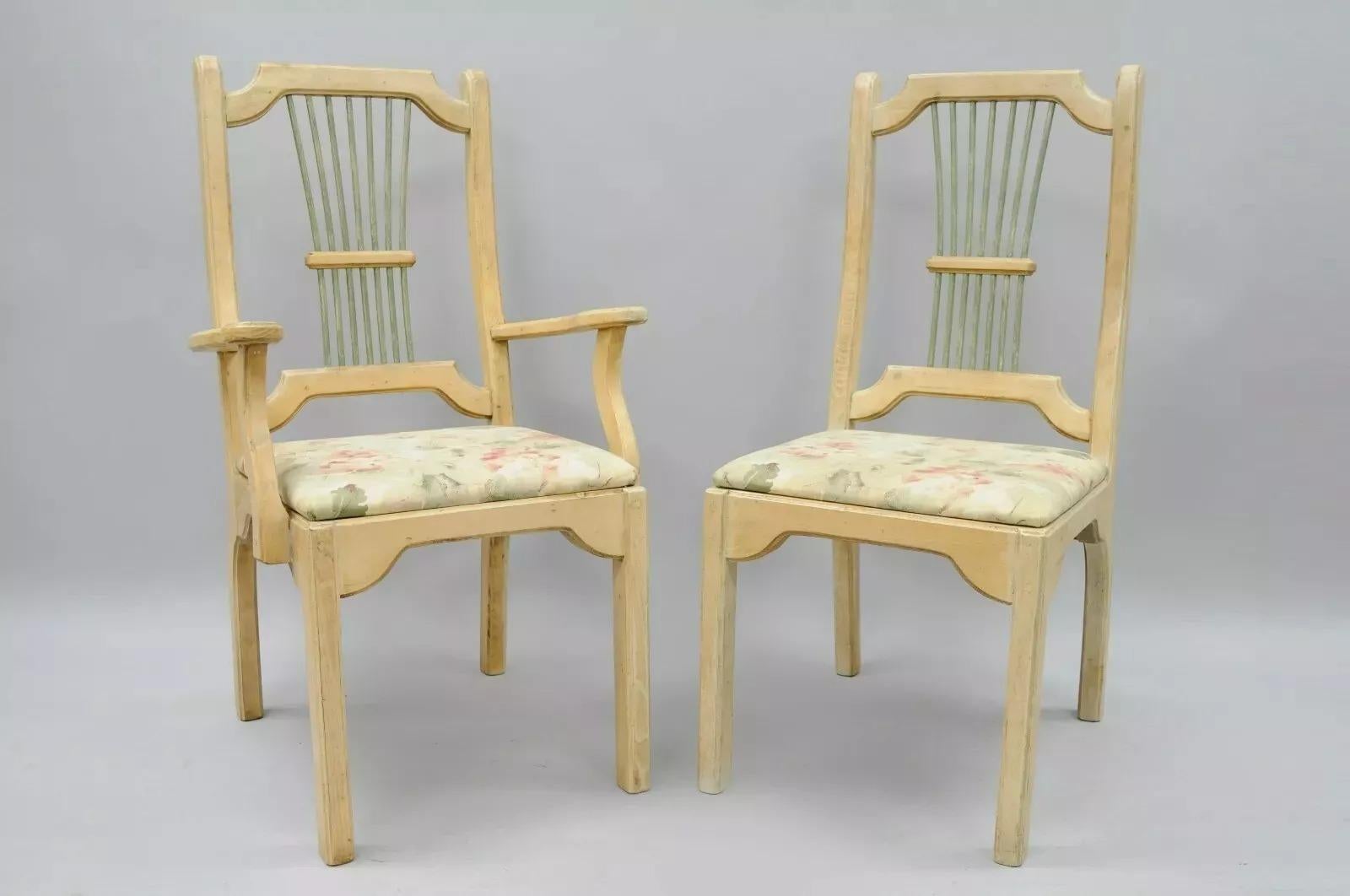 Vintage French Country Provincial Style Solid Wood Dining Room Chairs - Set of 6. Listing includes 2 arm chairs, 4 side chairs, unique exposed dowel joints throughout, solid wood construction, knotty wood grain, green painted spindles, angled rear