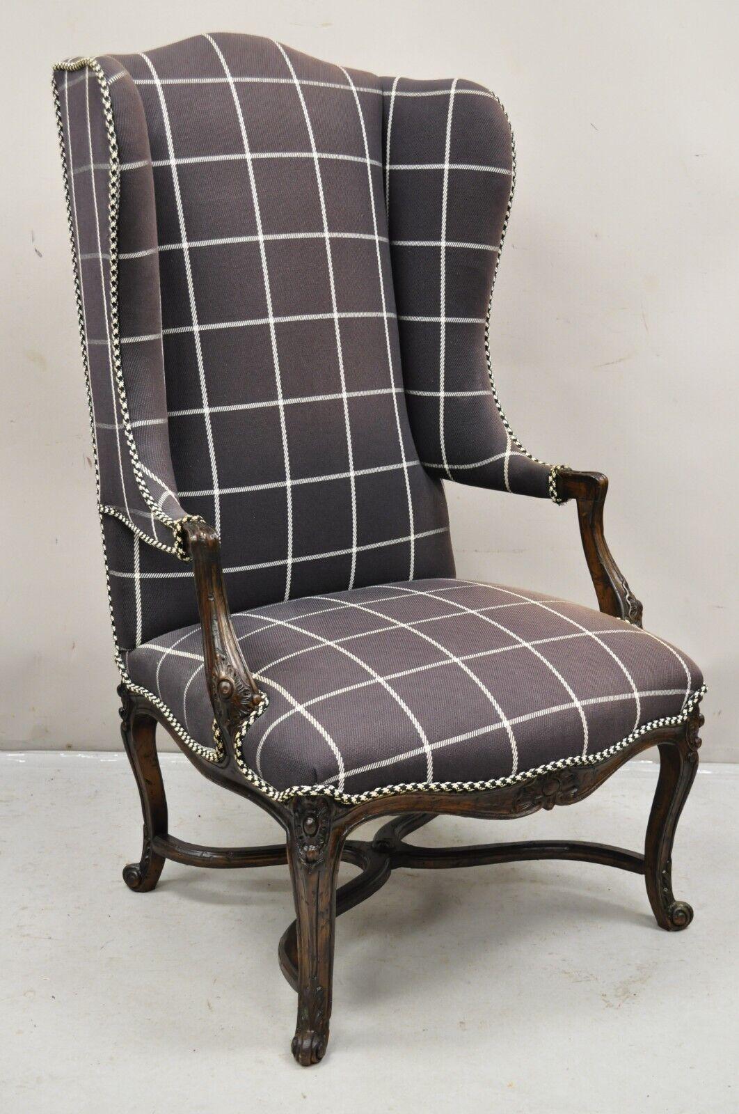 Vintage French Country Provincial Style Tall Wingback Carved Walnut Lounge Chair For Sale 4