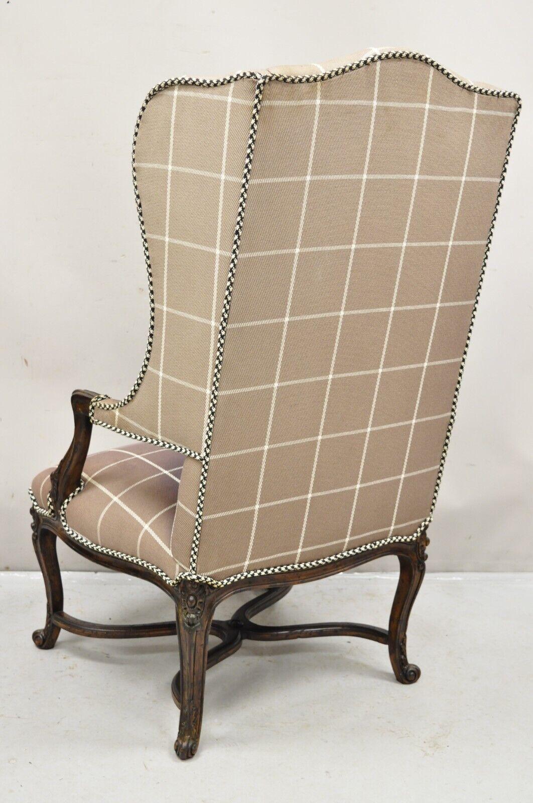 20th Century Vintage French Country Provincial Style Tall Wingback Carved Walnut Lounge Chair For Sale