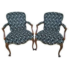 Vintage French Country Provincial Walnut Fauteuil Armchairs, a Pair