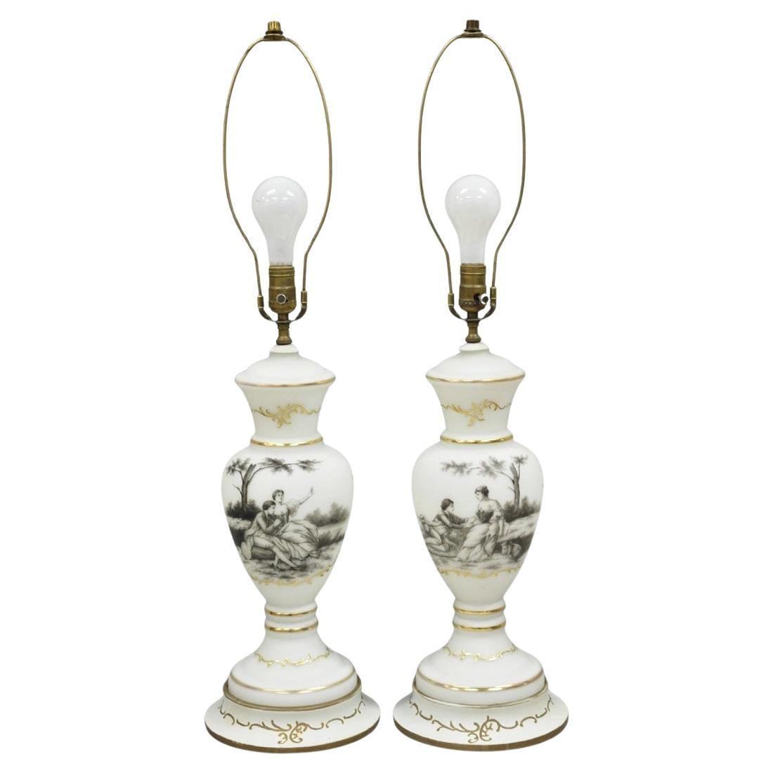 Vintage French Country Renaissance Frosted Glass Urn "Courting" Table Lamp, Pair For Sale